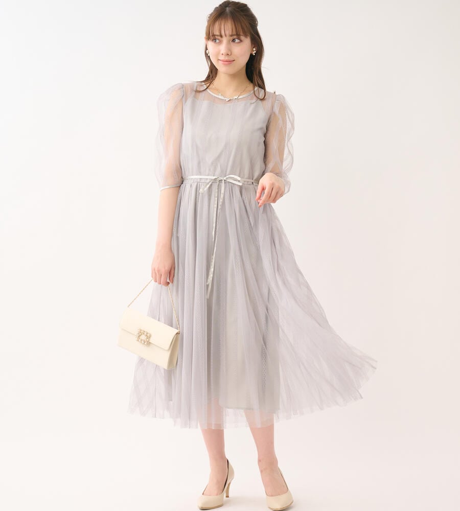 お呼ばれドレス》ストライプチュールドレス｜ワンピース